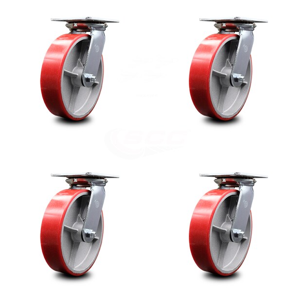 8 Inch Red Poly on Cast Iron Caster Set with Roller Bearings and Swivel Locks